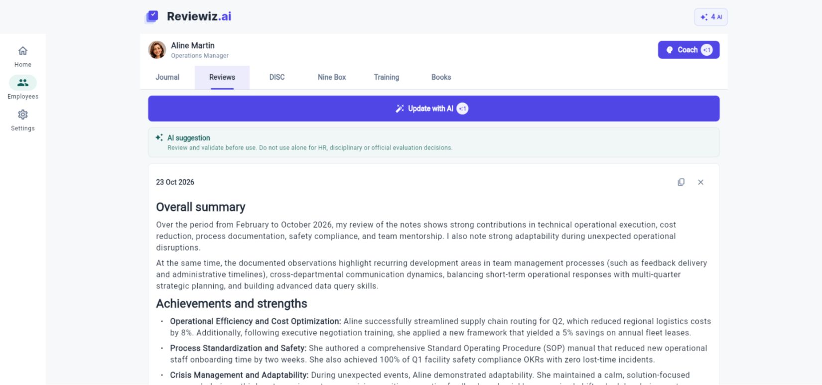AI annual reviews in Reviewiz, desktop view.