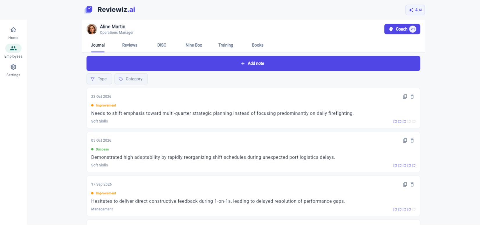 Employee journal in Reviewiz, desktop view.