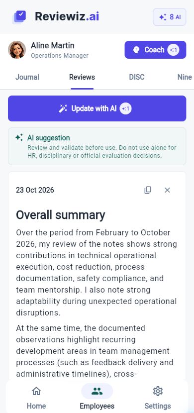 AI annual reviews in Reviewiz, mobile view.