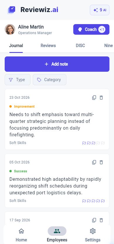 Employee journal in Reviewiz, mobile view.