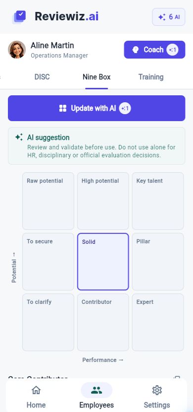 9-box in Reviewiz, mobile view.